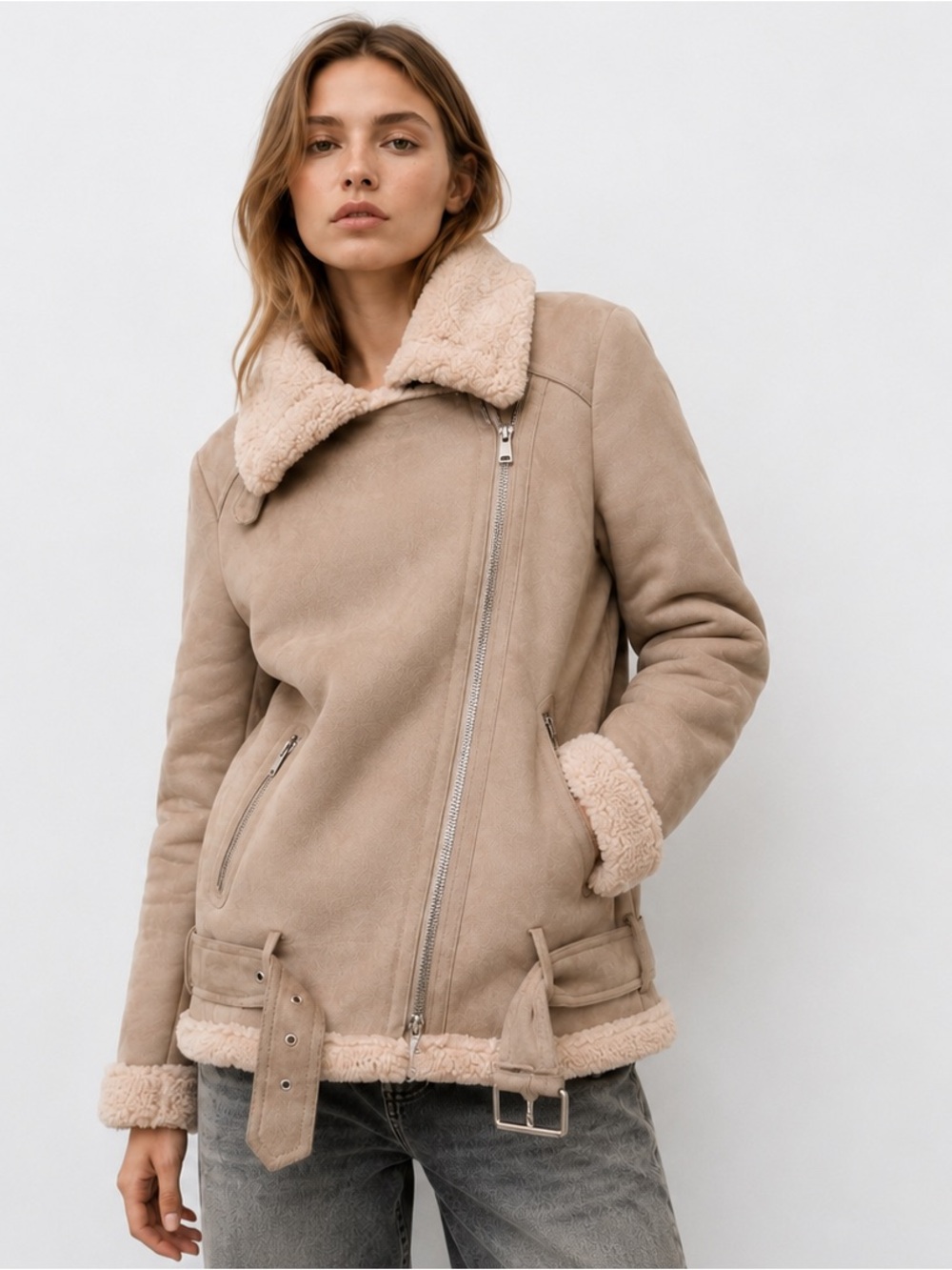Zara Beige Suede Shearling Biker Jacket